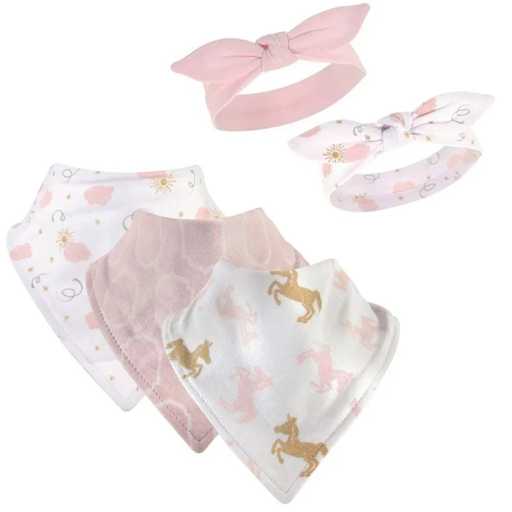 YOGA Sprout Baby Organic Cotton Bandana Bibs/Headbands. Pink/Mauve Set of 5 - Picture 2 of 2